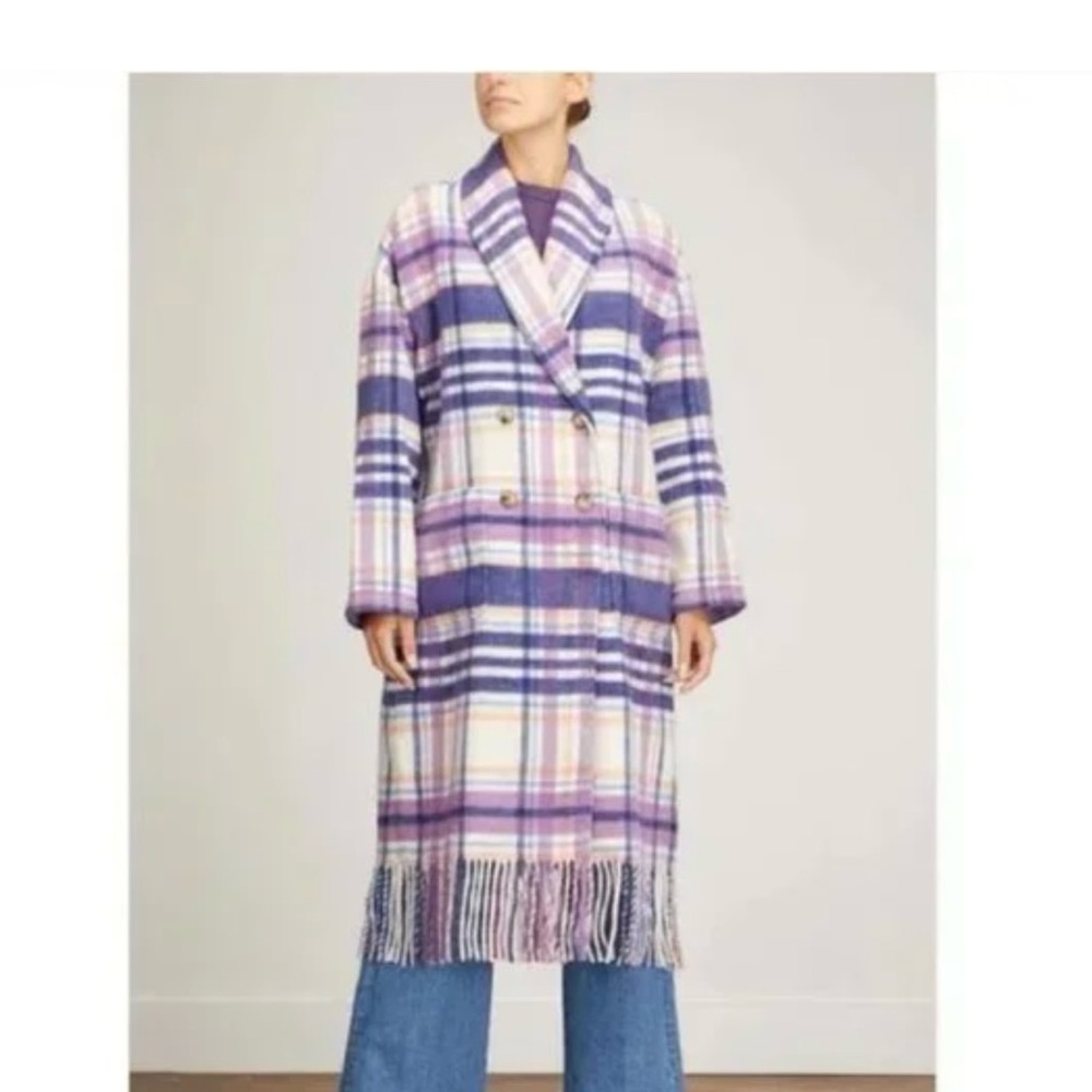 NWOT Xirena Wrenley Coat Jacket Womens XL       Indigo Blue Purple Plaid Fringe